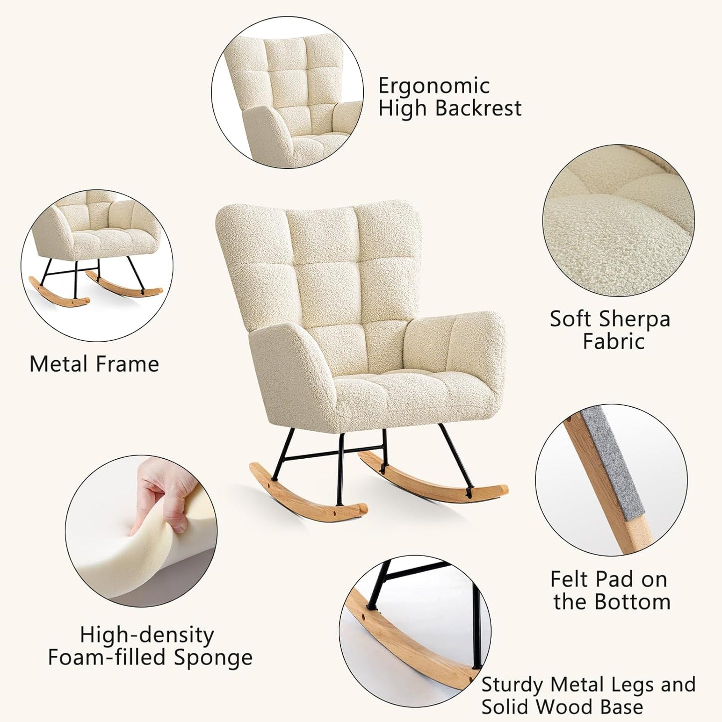 Furniliving Nursery Rocking Chair Upholstered Glider Rocking Chair Modern Accent Chair Padded Seat Reading Chair with High Backrest Comfy Chair for Living Room, Bedroom, Nursery, Black, Teddy