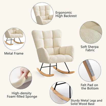 Furniliving Nursery Rocking Chair Upholstered Glider Rocking Chair Modern Accent Chair Padded Seat Reading Chair with High Backrest Comfy Chair for Living Room, Bedroom, Nursery, Black, Teddy