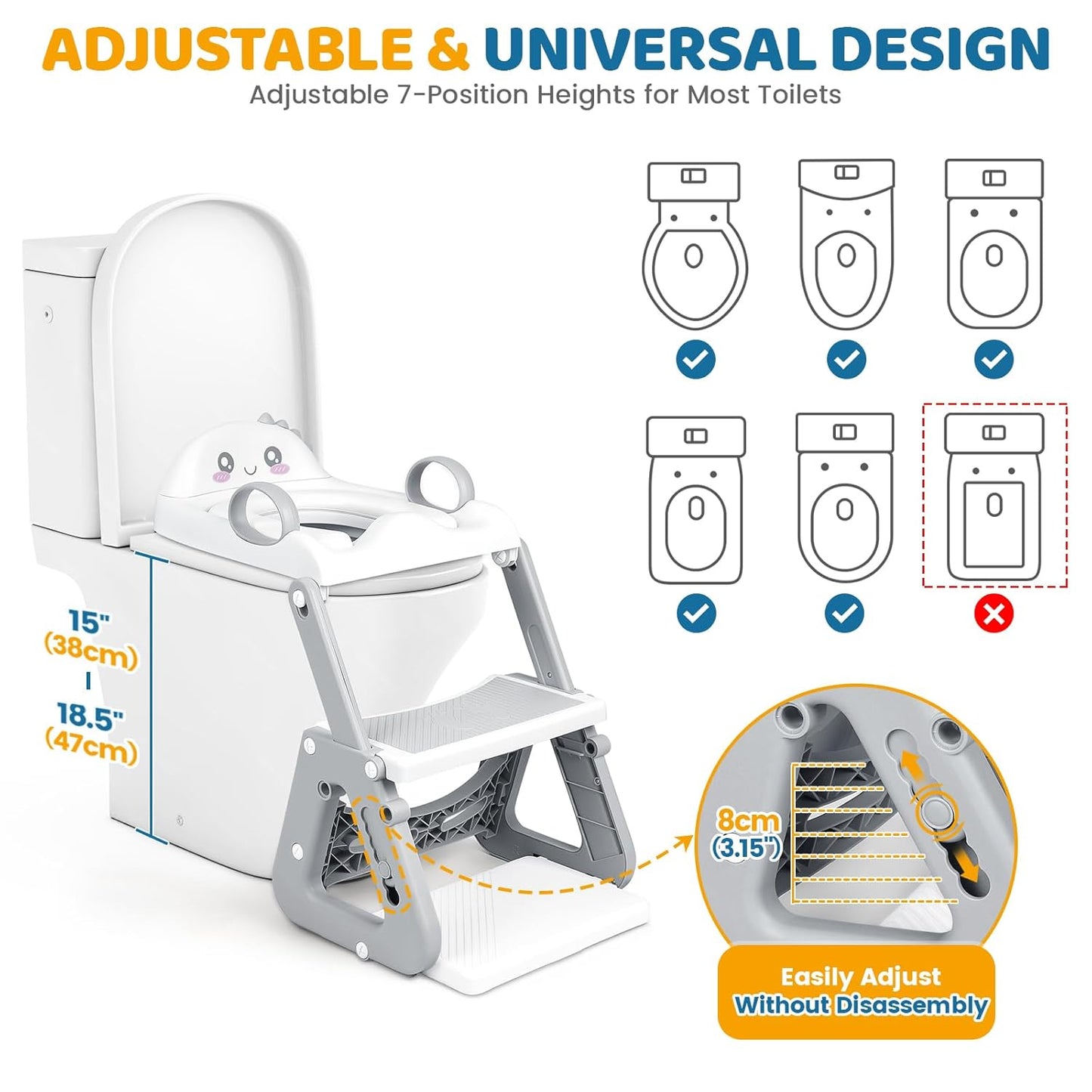 Potty Training Seat with Step Stool, 2-IN-1 Toddler Potty Training Toilet for Kid Boys Girls, Adjustable Toilet Seat for Toilet with ladder, Splash Guard, Anti-Slip Pad and Safety Handle, Gray
