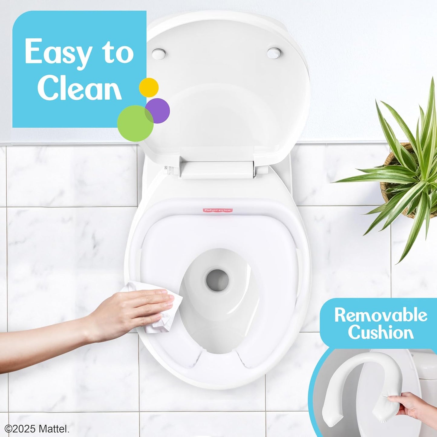 Fisher-Price™ Ready & Steady Potty Seat – Deluxe Soft Padded Potty Ring with Handles, Splash Guard, and Storage Hook for Toddlers Potty Training, White