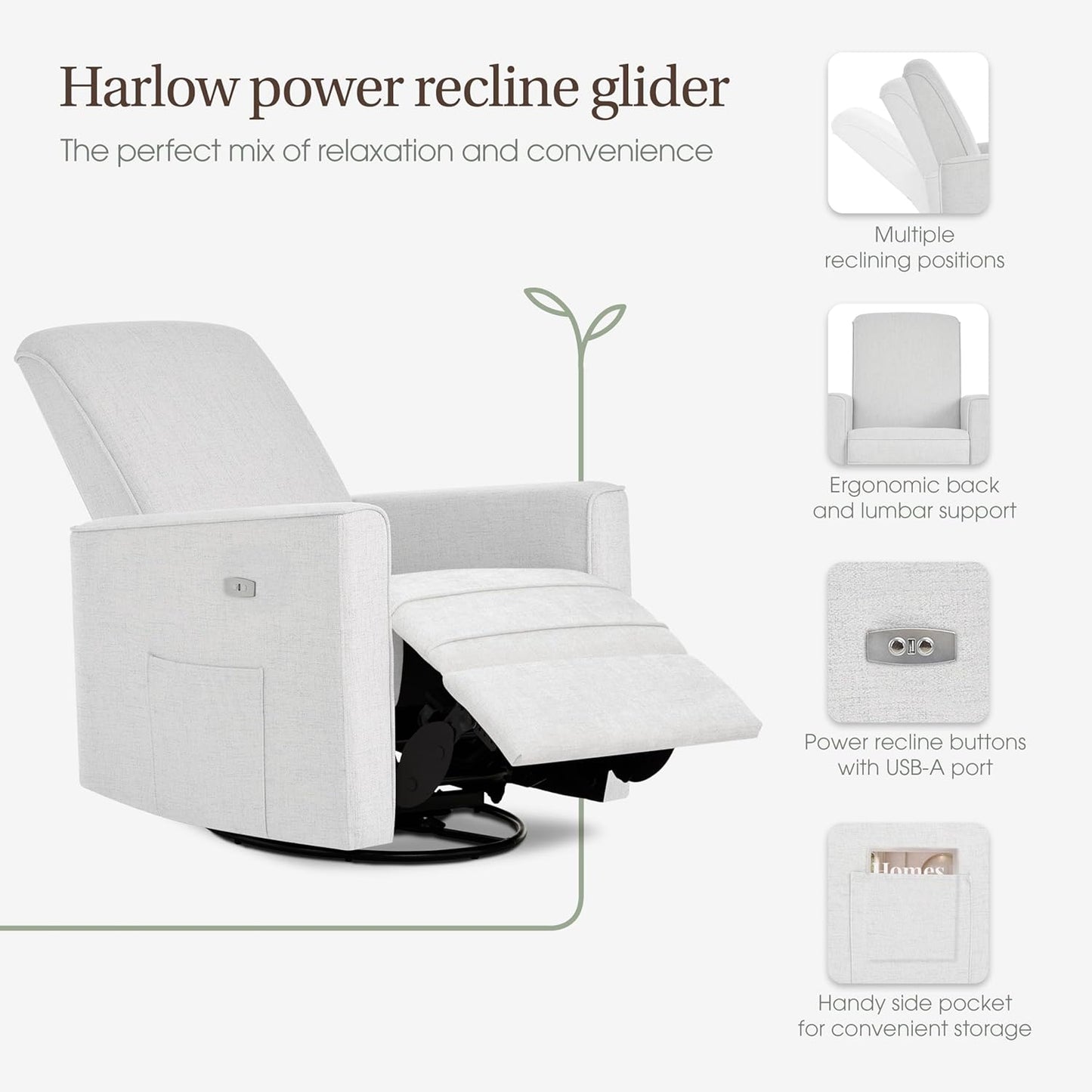 Evolur Harlow Upholstered Power Glider Recliner with USB Charging – Rocking & 275° Swivel with Smooth Glide – Greenguard Gold & FSC Certified – Modern Nursery and Living Room Chair in Light Sand