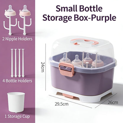 Baby Bottle Drain Rack, Feeding Cup Holder, Portable Large Capacity Toddler Bottles Storage Box with Lid Cover, Multifunctional Anti Dust Cutlery Storage Drying Rack for Teats, (Purple)