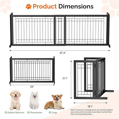 Bonnlo Free Standing Dog Gate, 37" - 68" Wide Pet Gate for Fireplace Stairs Doorways, Metal Adjustable Pet Fence Indoor, Christmas Tree Gate (Metal-Black)