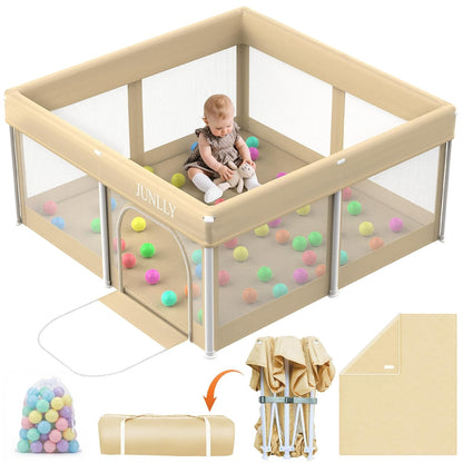 Foldable Playpen for Babies and Toddlers - 50x50 Inches Playpen with Mat - Kids Collapsible Playard with Storage Bag for Indoor & Outdoor - Baby Fence with 30 Ball & Gate - Khaki