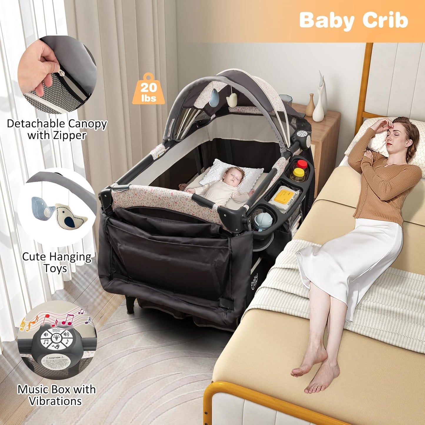 BABY JOY 4 in 1 Pack and Play, Portable Baby Playard with Bassinet & Flip-Away Changing Table, Canopy, Portable Bedside Crib with Storage Basket, Oxford Bag, Infant Bassinet from Newborn to Toddlers