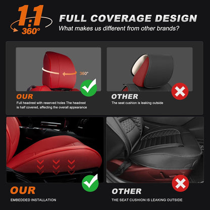 AOMSAZTO Seat Covers for Ford Mustang Coupe 2015 2016 2017 2018 2019 2020 2021 2022 2023 2024 2025 2026, Custom Fit Full Set Faux Leather (New Red)