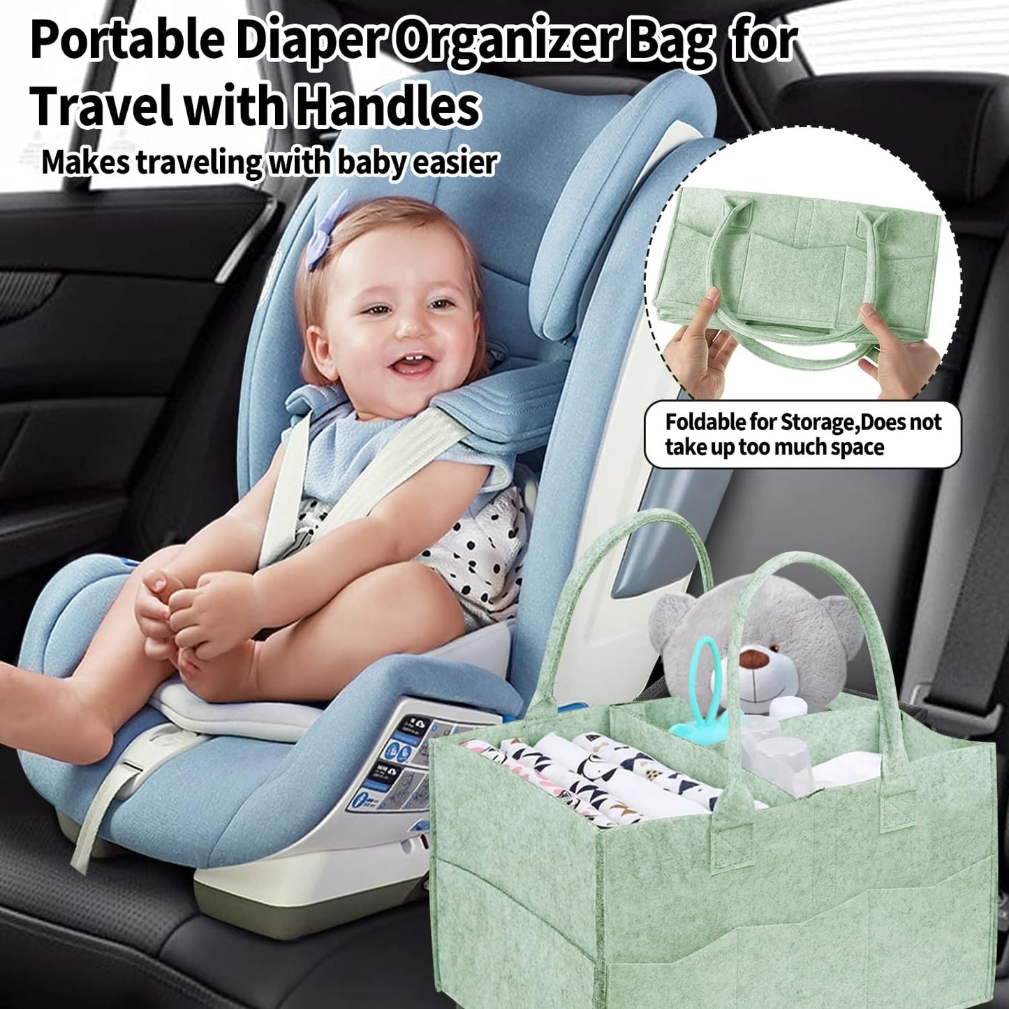 2 Pack Diaper Caddy Organizer, Portable Baby Caddy Organizer with Handle, Collapsible Nursery Storage Bin and Gift Baskets for Girls and Boys - Newborn Essentials, Baby Shower Gifts (Green)