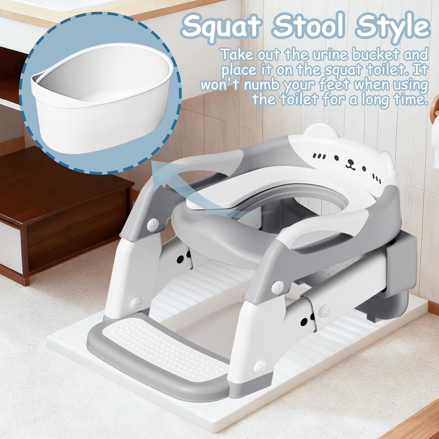3-in-1 Baby Potty Training Seat with 2 Step Ladder, Splash Guard Anti-Slip Pad, Height Adjustable Toddler Toilet Seat with Soft Cushion for Kids Boys Girls(Grey)