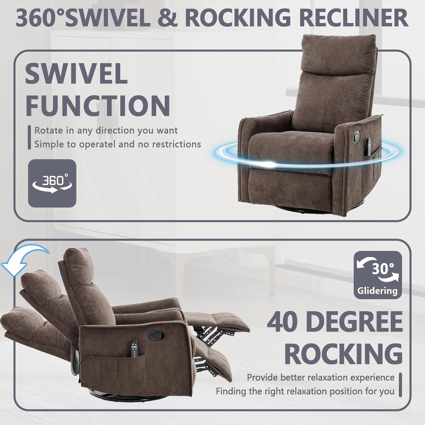 Massage Chair Recliner with Heat, Swivel Rocking Chair Recliner with High Back, Manual Nursery Recliners for Adults,Small Recliner Chair for Small Spaces, Living Room Bedroom, Fabric (Blue Green)