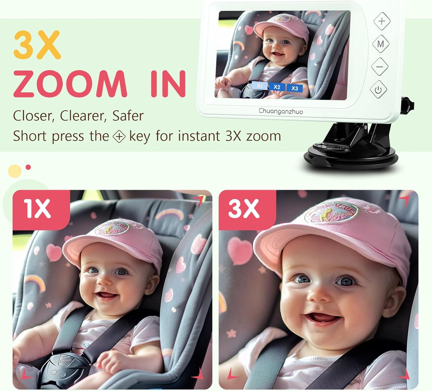 Baby Car Camera USB with No.1 Clarity, 5'' HD 1080P IPS Baby Car Monitor with 3X Zoom, Backseat/Carseat/Rear Seat Camera with Ultra Night Vision, Easy No-Damage Install, S100P(5inch Black)