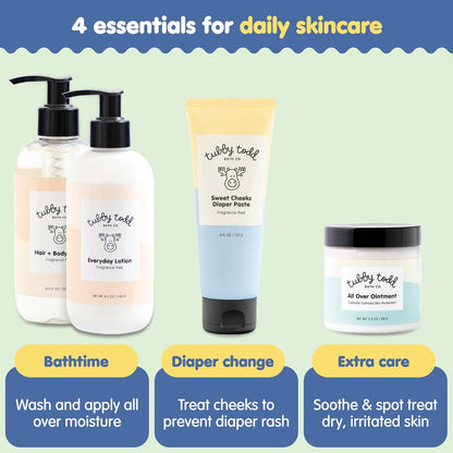 TUBBY TODD Baby Bundle Newborn Skin Care Set - Hypoallergenic Hair + Body Wash, All Over Ointment with Colloidal Oatmeal, Sweet Cheeks Diaper Paste - Fragrance Free, Standard Size