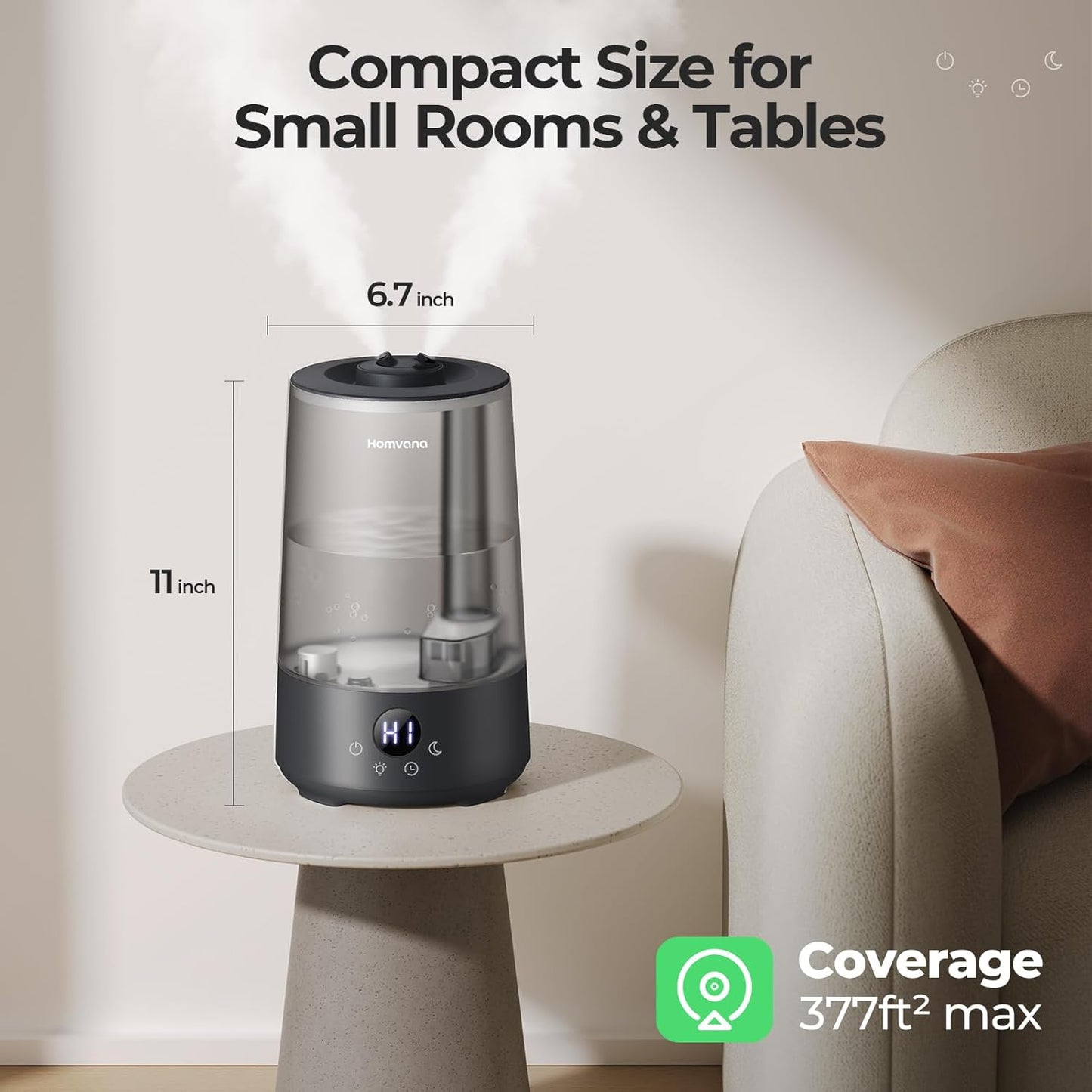 Homvana Humidifiers for Bedroom Home, 3.6 L Cool Mist Top-Fill 34H Super Long Time, Quiet 23dB, Baby Humidifier, Oil Diffuser for Large Room, House, Plant, Nursery, Office, BPA FREE, Ultrasonic (Grey)