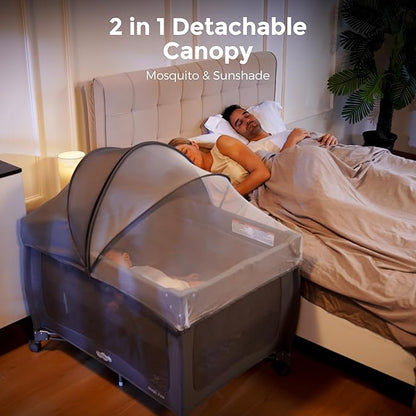Pamo Babe 7 in 1 Pack and Play, Bassinet, Portable Crib, Diaper Changer, Magic Fold™ Quick Setup Playard with Mattress, Mosquito Net, Zipper Door, Toy Arch for Newborn to Toddler