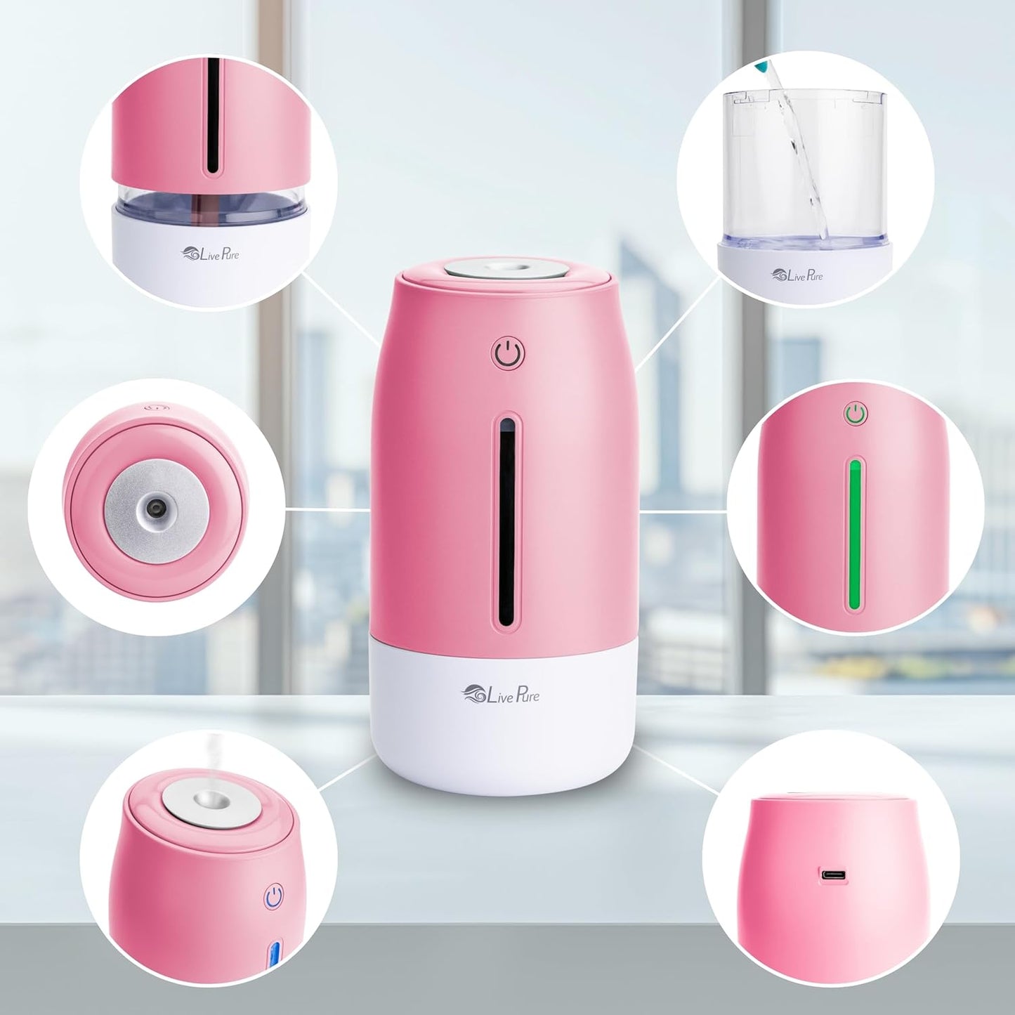 LivePure Cool Mist Humidifiers for Bedroom. Small Humidifier for Babies, Nursery, Plants, Office. Ultrasonic Cool Mist Humidifier w/Quiet Operation, USB-C Rechargeable. Rose Quartz