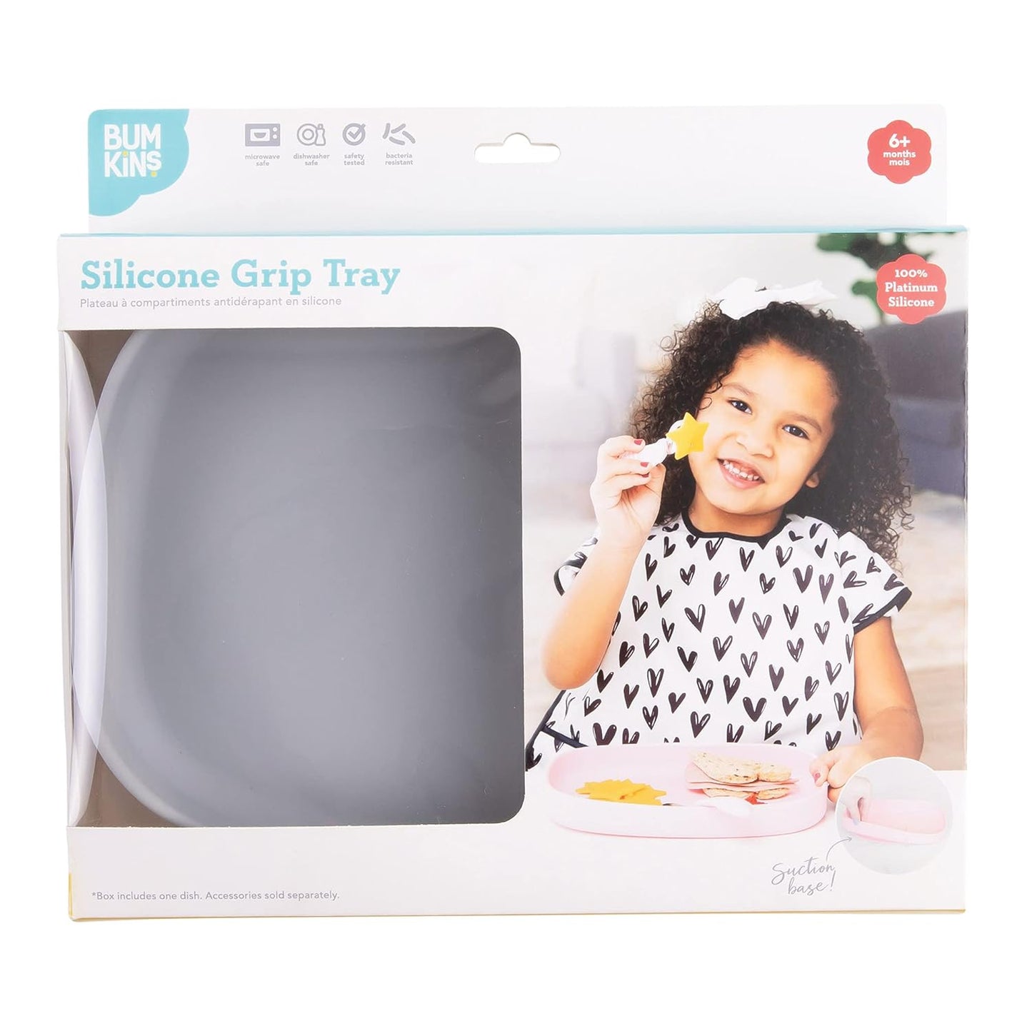 Bumkins Toddler and Baby Suction Plate, Divided Grip Dish for Babies and Kids, Baby Led Weaning, Feeding Supplies, Sticks to Tables and Highchairs, Platinum Silicone, for Chidren 6 Months, Gray