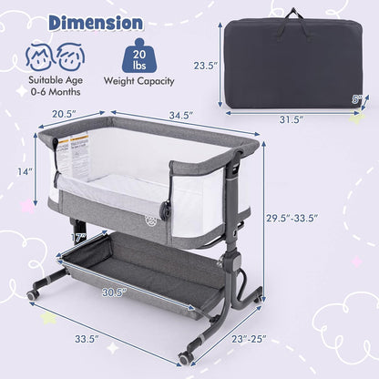 BABY JOY Bassinet, Bedside Crib w/ 6-Level Adjustable Height, Storage Shelf, Wheels, Mattress & Carry Bag for Safe Co-Sleeping, Folding Bassinet Bedside Sleeper for Newborn Infants (Gray)