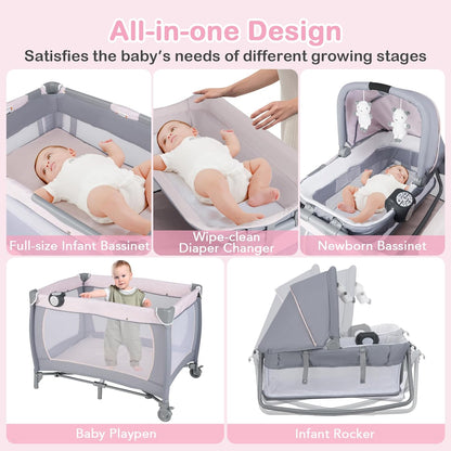 HONEY JOY Pack and Play, 5 in 1 Portable Infant Playpen with Bassinet & Changing Table, Storage Bag, Music Box, Toys, Carry Bag, Nursery Center, Baby Playard Pack n Play Crib for Boys Girls