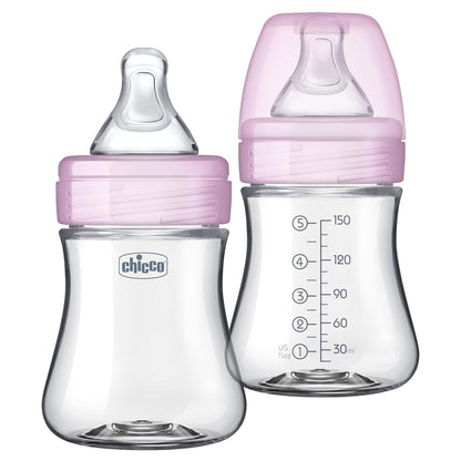 Chicco Duo 9oz Hybrid Baby Bottle, Real Glass Inside, Lightweight Plastic Outside, Patented Invinci-Glass Technology, Intui-Latch Nipple, 2-Pack, Clear/Pink