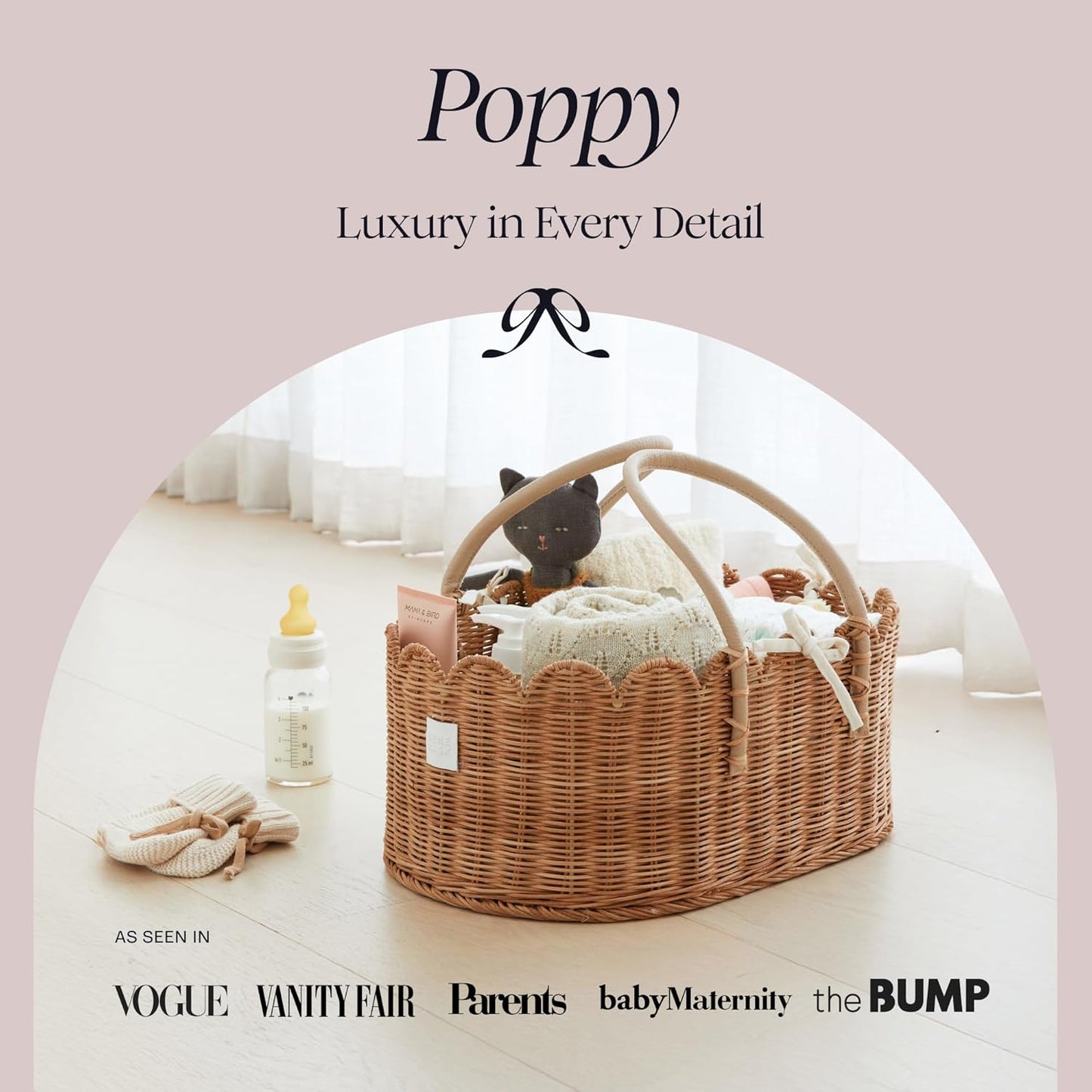 BEBE BASK Premium Baby Diaper Caddy Organizer - Handmade & Award-Winning Scalloped Rattan Basket - Luxury Diaper Caddy Basket - Elegant Scalloped Edge (Natural)