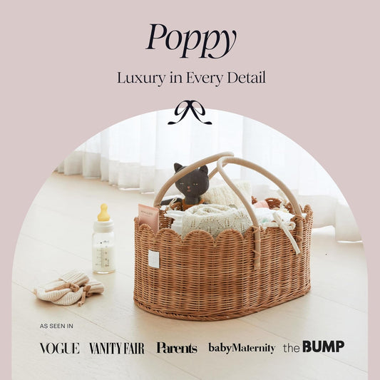 BEBE BASK Premium Baby Diaper Caddy Organizer - Handmade & Award-Winning Scalloped Rattan Basket - Luxury Diaper Caddy Basket - Elegant Scalloped Edge (Natural)