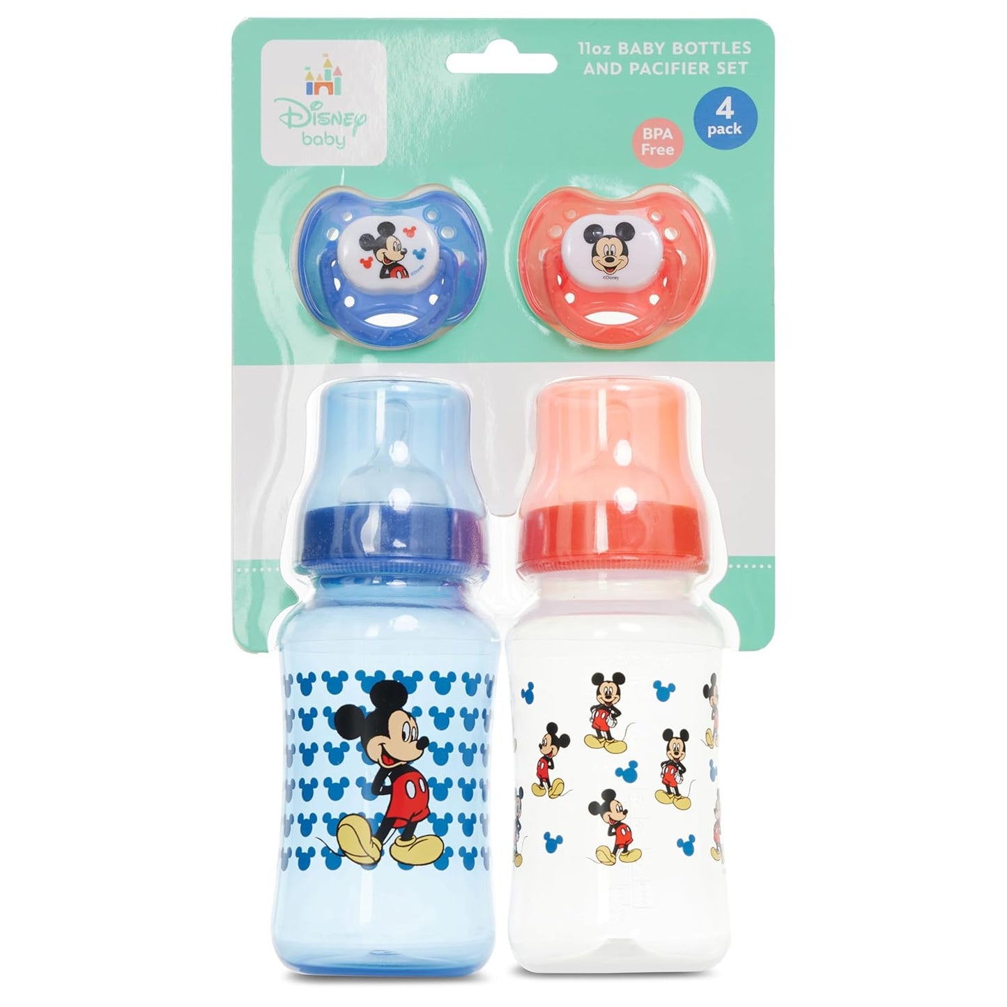 Disney Baby Bottles and Pacifiers Set – 2 Hourglass-Shaped 11oz Bottles + 2 Orthodontic Pacifiers – Officially Licensed Mickey, Minnie, Pooh & Dumbo Designs – BPA-Free Feeding Gift Set