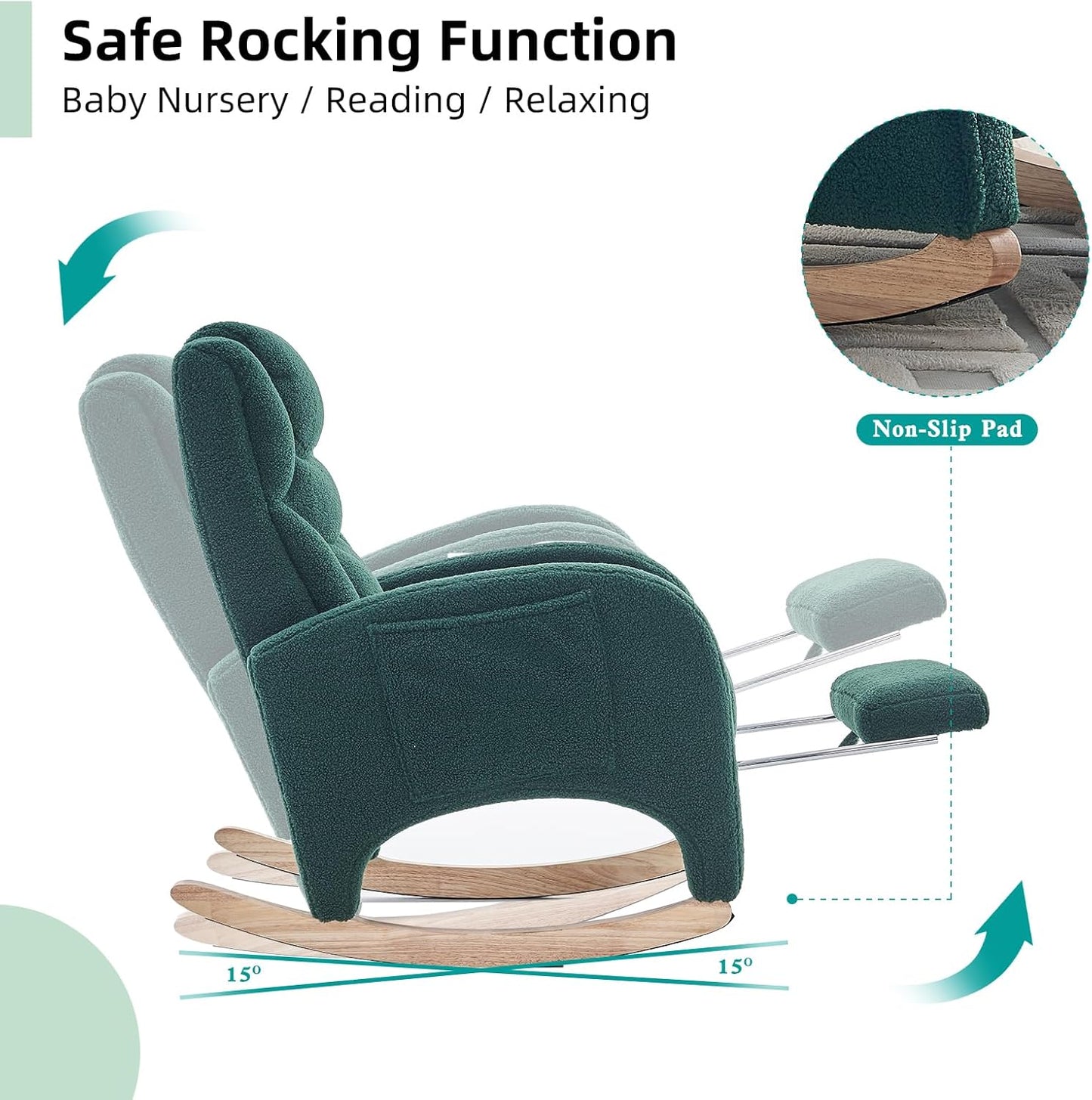 Rocking Chair Nursery with Foot Rest,Upholstered Teddy Glider Rocker with Wood Legs, Nursing Rocking Chair for Living Room/Nursery,Pink