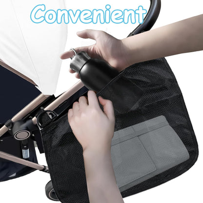 2 Pack Universal Side Sling Stroller Organizer with Mesh Cargo Net,Adjustable and Non-Slip Stroller Storage Bags, Portable Side Sling Stroller Cargo Net for Baby Accessories(Black)