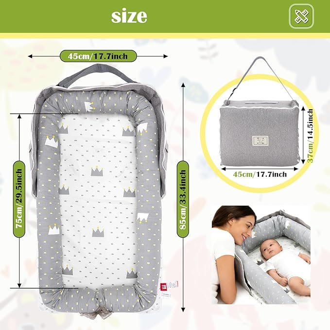 Baby Lounger for Newborns & Infants 0–24 Months, 100% Cotton Breathable Infant Support Cushion with Adjustable Size, Portable Baby Nest for Home and Travel, Baby Shower Gift(Crown Grey)