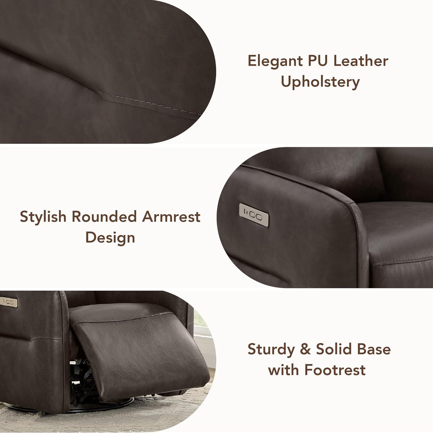CHITA Power Recliner Chair, Faux Leather Swivel Glider for Adults, Electric Nursery Rocking Chair with USB & Type-C Charging for Living Room, Bedroom, Chocolate Brown