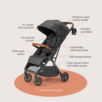 Bombi Bēbee V2 Lightweight Baby Stroller - Premium Vegan Leather, One-Hand Fold, Infinite Recline, Aircraft-Grade Aluminum Frame, XXL Canopy, and Ample Storage Umbrella Stroller - Sand