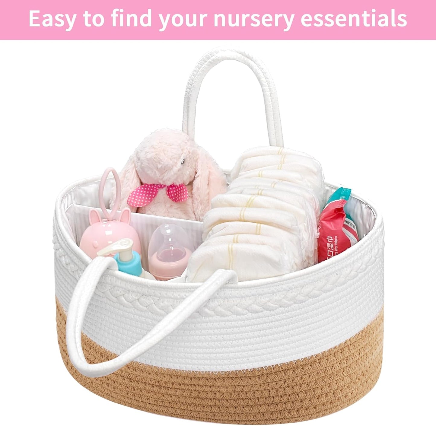 ABenkle Baby Diaper Caddy, Nursery Storage Bin and Car Organizer for Diapers and Baby Wipes, Cotton Rope Diaper Basket Caddy, Changing Table Diaper Storage Caddy