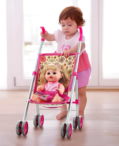 GAGAKU Baby Doll Stroller for Toddlers, Foldable Toy Stroller with Storage Basket and Bag, Diapers - Reborn Doll Accessories for Girls & Kids Ages 3+, Pink