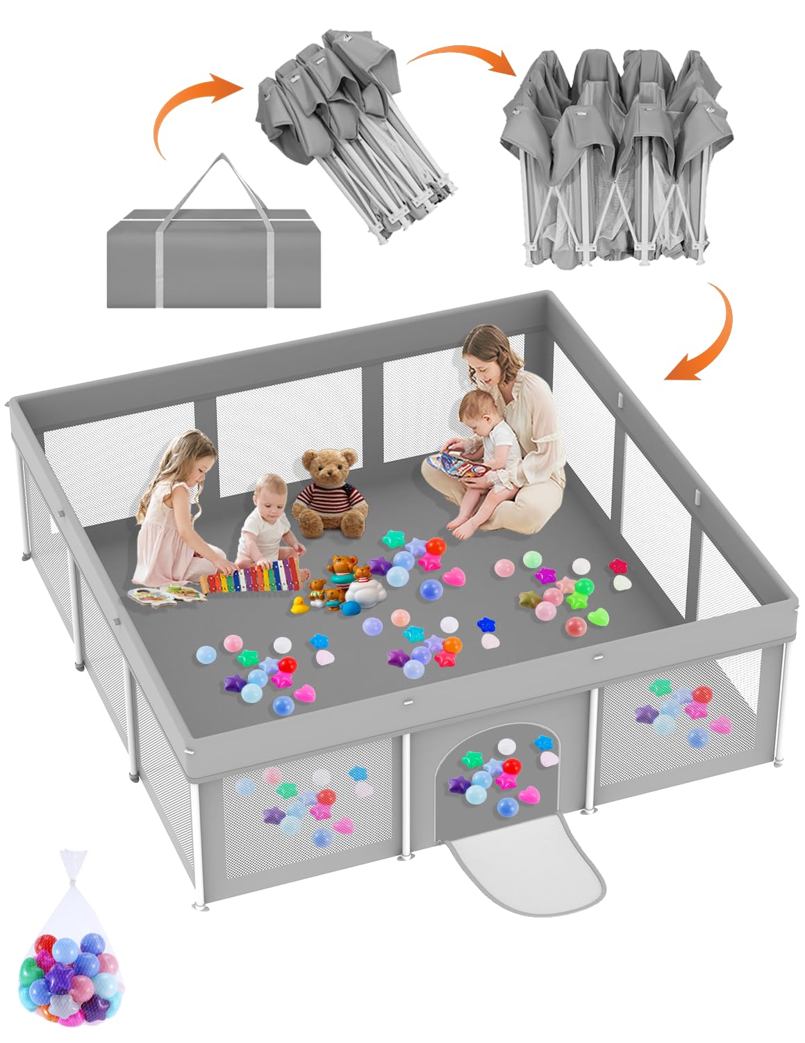Foldable Baby Playpen 50"×50", Playard for Babies and Toddlers, Portable Safety Baby Fence Lightweight,No Installation, Indoor & Outdoor Playpen with Ocean Balls*50, Grey