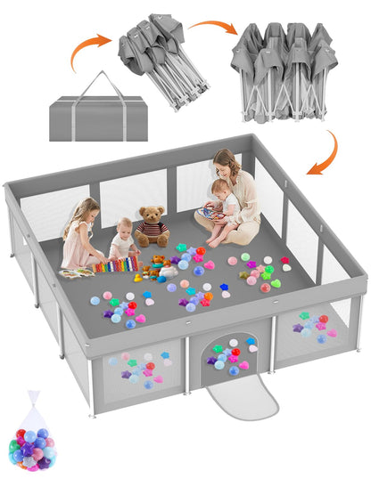 Foldable Baby Playpen 50"×50", Playard for Babies and Toddlers, Portable Safety Baby Fence Lightweight,No Installation, Indoor & Outdoor Playpen with Ocean Balls*50, Grey