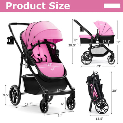 INFANS 2 in 1 Baby Stroller, High Landscape Infant Stroller & Reversible Bassinet Pram, Foldable Pushchair with Adjustable Canopy, Storage Basket, Cup Holder, Suspension Wheels (Black)