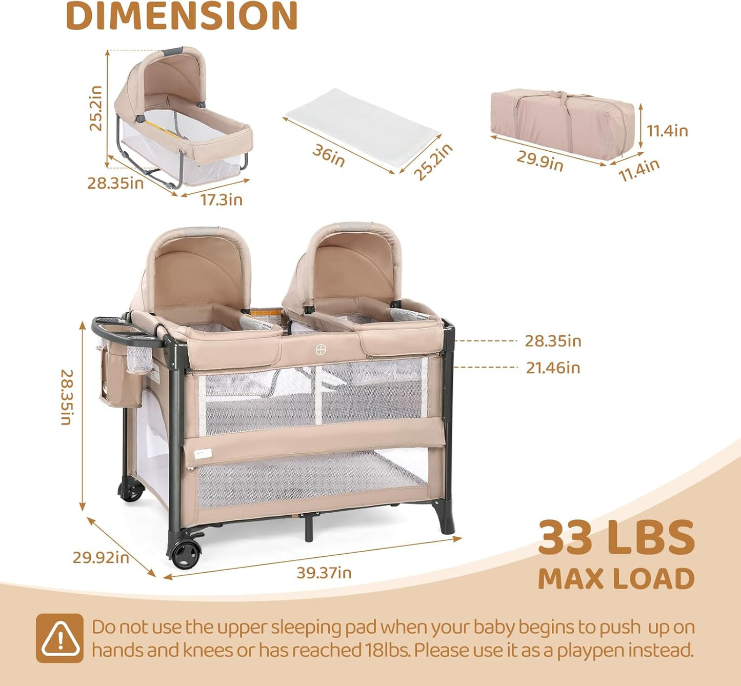JOYMOR Twin Bassinet for Baby, Beige Bedside Bassinet, Convertible to Bedside Sleeper and Playpen, with Wheel, Brake, Foldable Side Sleeper,Beige