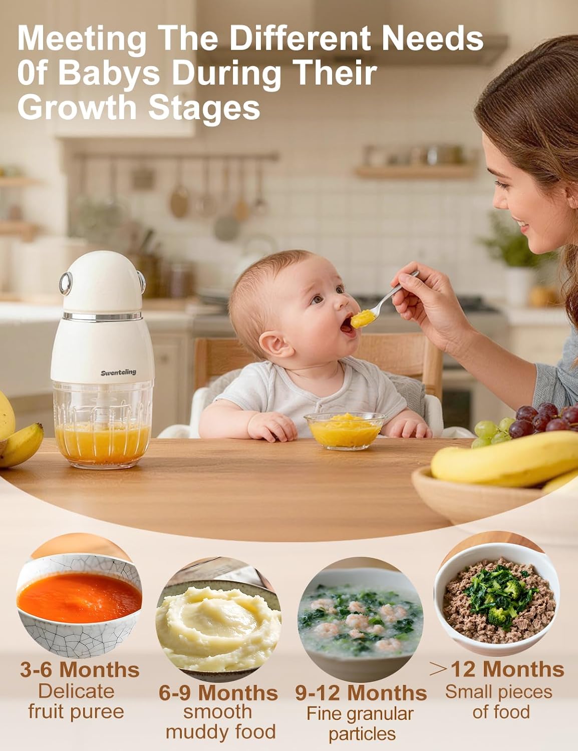 Baby Food Maker, Creamy White Baby Food Blender, 10oz Food Puree Maker, Food Processor for Foods Fruit Vegetable Meat, 8-Second Quick Soft Food Prep，BPA-Free