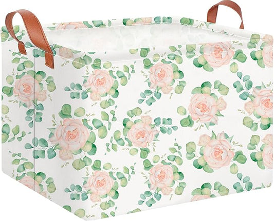 Rectangle Storage Basket with Handles,Collapsible Storage Bin,Books Box,Gift Basket(Watercolor Rose)
