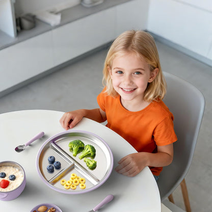 Bakpoco Stainless Steel Toddler Plate with Suction, 9” Divided Plates with Removable Silicone Sleeves for Kids, Non Toxic & BPA Free | Non Slip | Unbreakable Baby Snack Dishes Set of 2, Blue & Gray
