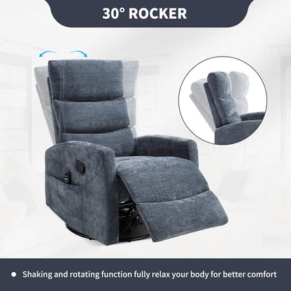 Massage Chair Recliner with Heat, Swivel Rocking Chair Recliner with High Back, Manual Nursery Recliners for Adults,Small Recliner Chair for Small Spaces, Living Room Bedroom, Fabric (Blue Green)
