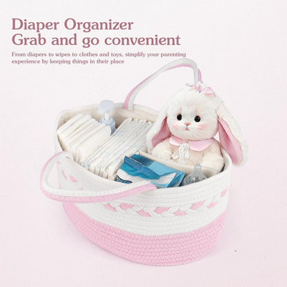 Diaper caddy Organizer, Cotton Rope Gift Basket with Removable Divider, Nursery Storage Organizer for Baby Essentials, Changing Table Diaper Storage Caddy (Pink)