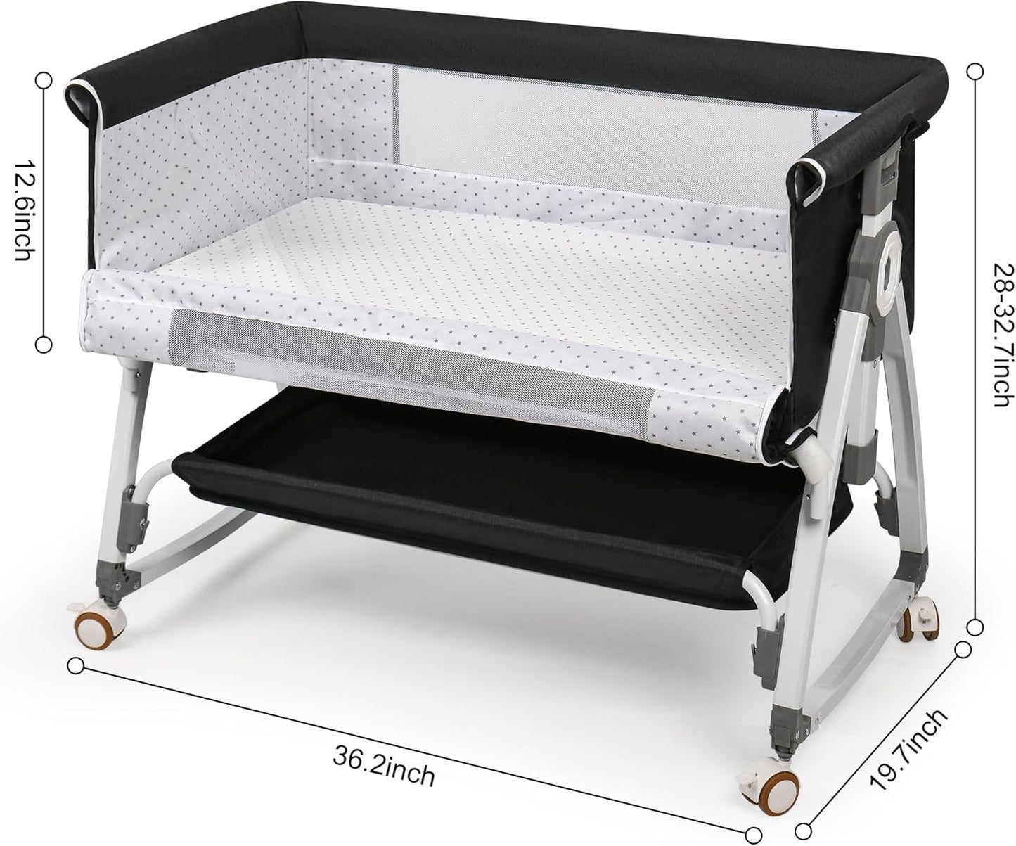 VOOI Baby Bassinet Bedside Sleeper, 3 in 1 Rocking Bassinet for Baby, Bassinet Bedside Sleeper with Wheels, Adjustable Height, Storage Basket, Mattress & Canopy, Bed Side Bassinet for Newborn