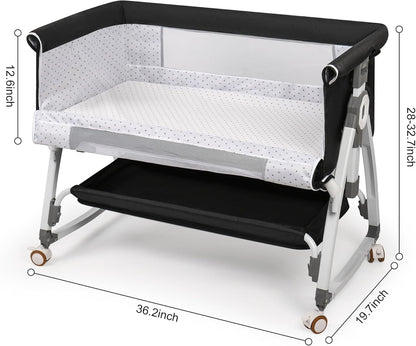 VOOI Baby Bassinet Bedside Sleeper, 3 in 1 Rocking Bassinet for Baby, Bassinet Bedside Sleeper with Wheels, Adjustable Height, Storage Basket, Mattress & Canopy, Bed Side Bassinet for Newborn