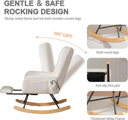 Rocking Chair Nursery with Airbag, Comfy Modern Nursery Rocking Reading Chair indoor with Footrest, Cozy Upholstered Glider Rocker Chairs for Living Room Bedroom Offices(Chenille, Dark Grey)