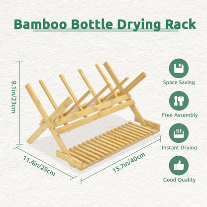 DSVENROLY Baby Bottle Drying Rack Foldable Vertical Bamboo Milk Bottle and Accessories Organizer for Busy Parents, Maximizes Space, Quick Drying, Easy Cleanup & Storage (Bamboo)