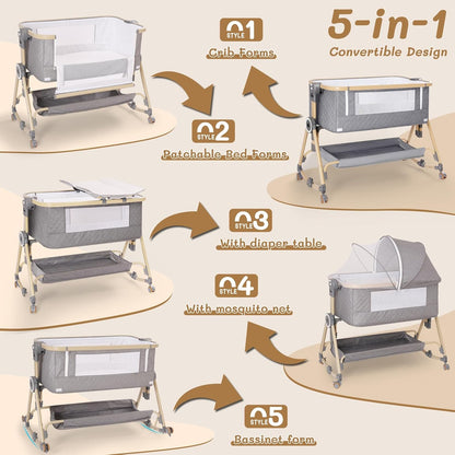 Baby Bassinet 5 in 1,Baby Bedside Bassinet with Diaper Changer, Mosquito Net, Mattress, Storage Layer, Can Be Stored in One Button Travel Crib (Beige)