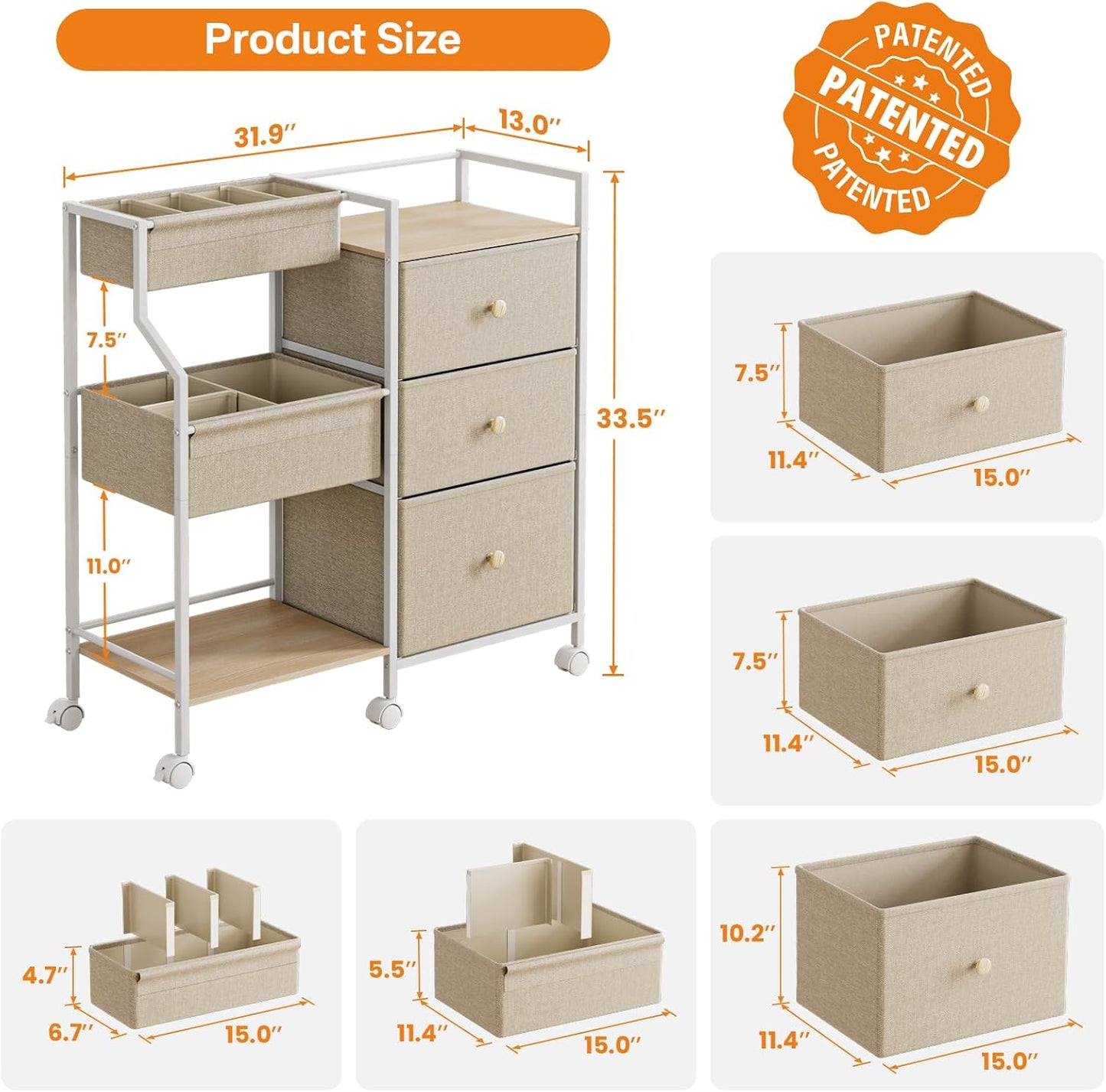 Modanais Baby Diaper Caddy Organizer Cart - 3 Tier Rolling Cart with Dividers and Drawers, Easy To Assemble, Mobile Utility Cart with Wheels for Nursery, Bedroom, Changing Table & Crib