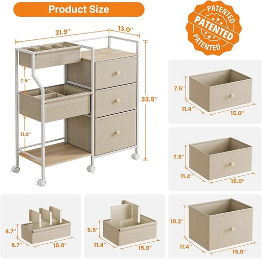 Modanais Baby Organizer and Storage - 3 Tier Rolling Cart with Dividers and Drawers, Easy To Assemble, Mobile Utility Cart with Wheels for Nursery, Bedroom, Changing Table & Crib,Off White