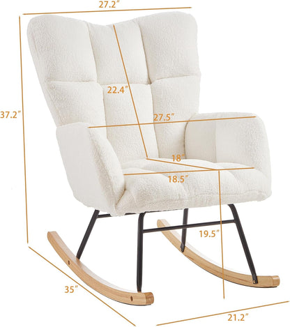 Glider Chair for Living Room & Nursery, Tufted Upholstered Teddy Rocking Chair with High Backrest & Stable Metal Frame, 300lbs Capacity, Comfy Rocker Glider for Adults & Kids, Office & Bedroom(Gray)