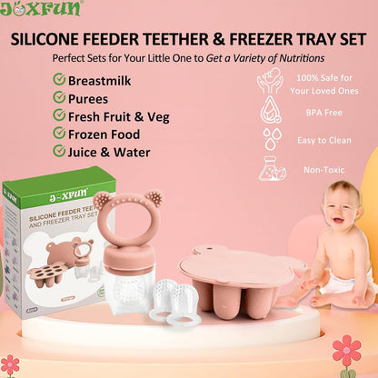 Silicone Baby Fruit Food Feeder & Mini Freezer Nibble Tray, Breastmilk Popsicle Molds for Baby Teething Relief, BPA Free Silicone Teething Toys Feeder for Safe Infant Self Feeding, Extra Food Pouches